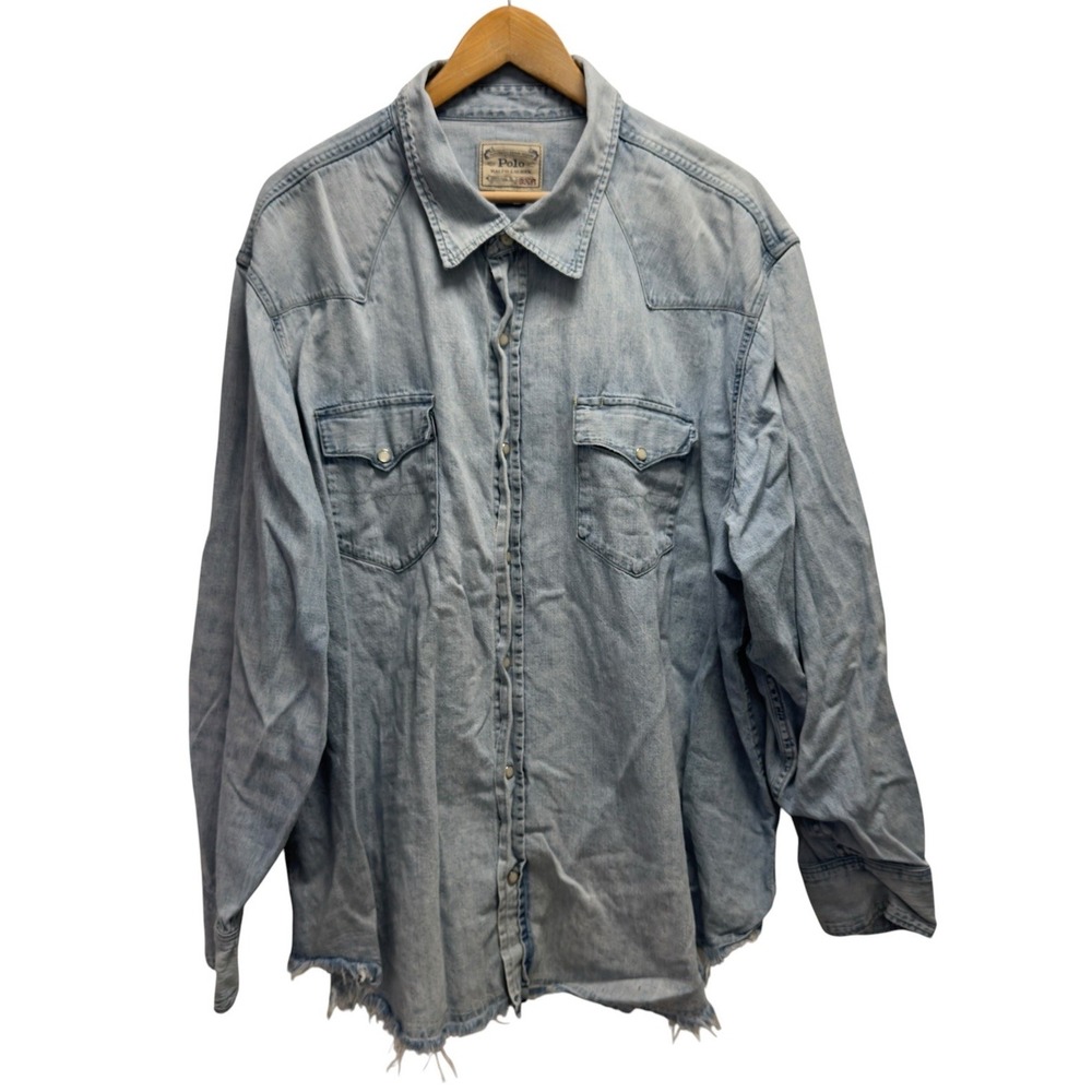 Polo Ralph Lauren Men's 3XB Light Wash Denim Pearl Snap Distressed Western Shirt